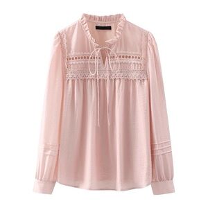 loose fit lace embroidered v neck ruffled collared bow tie Long Sleeve